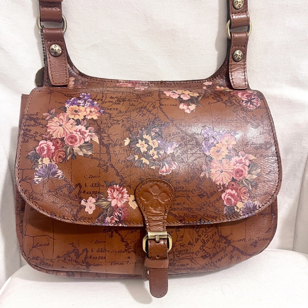 Patricia Nash Brown -Floral Leather saddle Bag